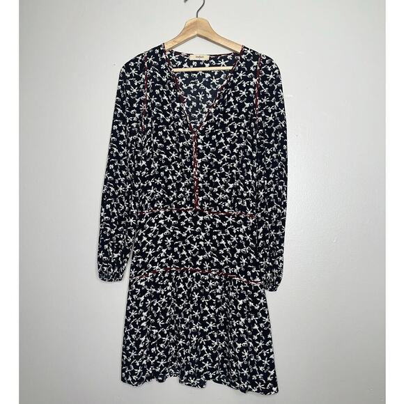 Ba&sh Catarina Mini Dress Black White Maroon Trim Size 6 Long Sleeve Boho - Picture 3 of 7